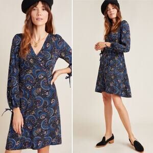 Anthropologie Blue A-Line Dress with V-Neck and Bishop Sleeves